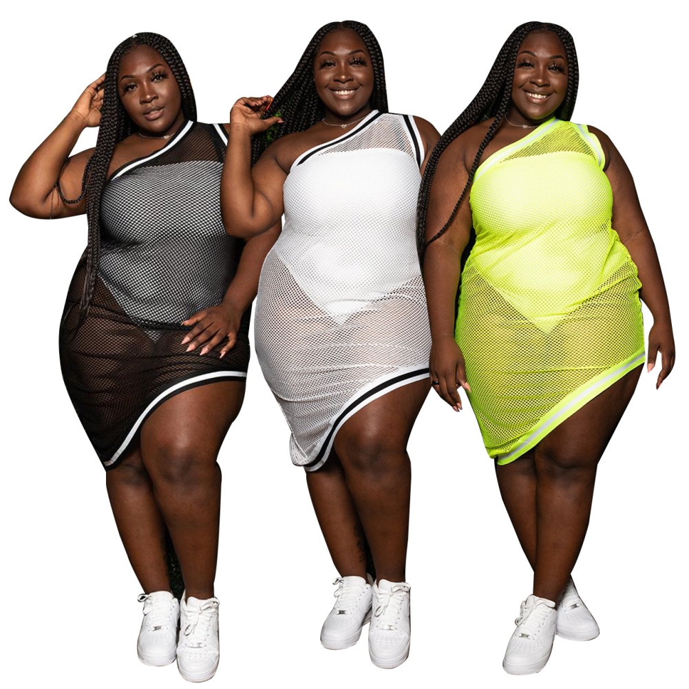 Plus Size Two Piece One Shoulder Mesh Club Dress