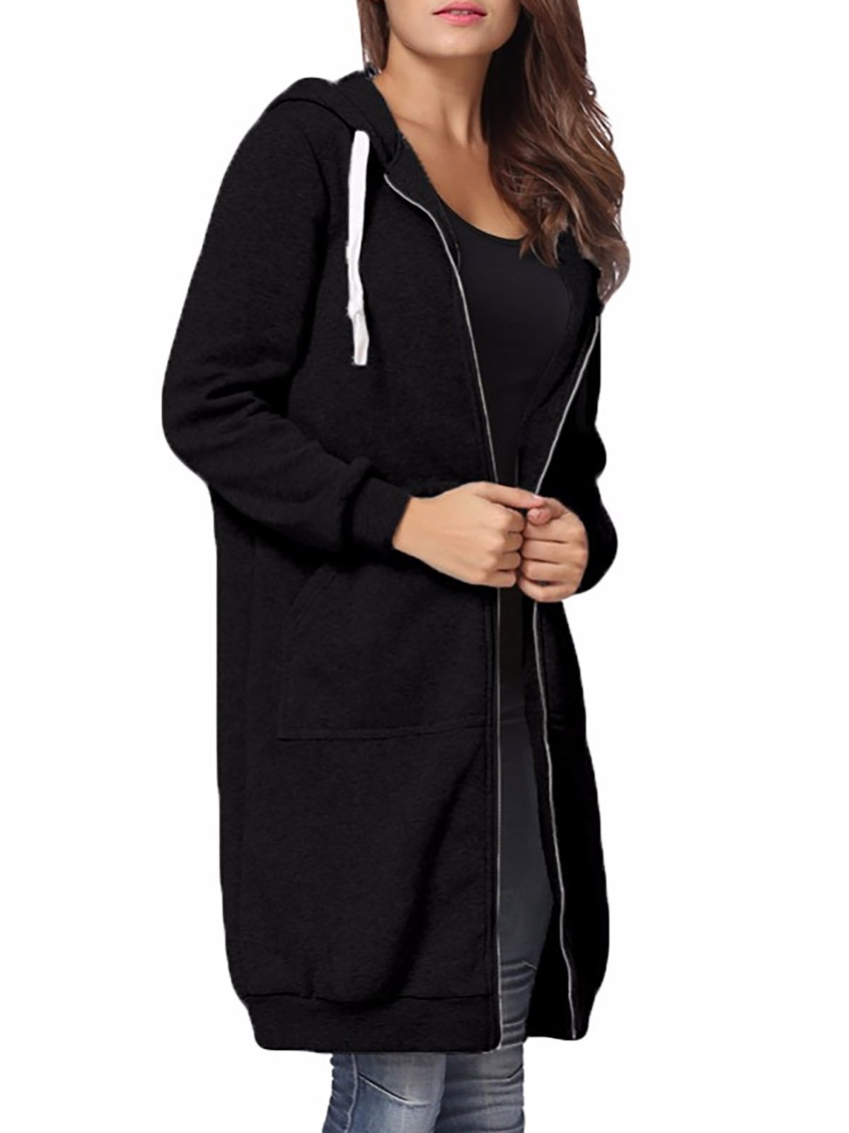 Women Plain Pockets Long Sleeve Plus Size Hoodie Coat