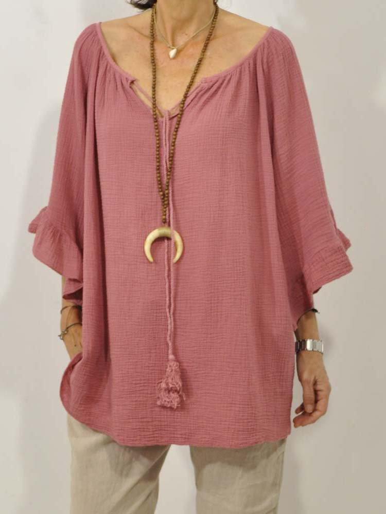 Plus Size Solid Casual V Neck 3/4 Sleeve Tops