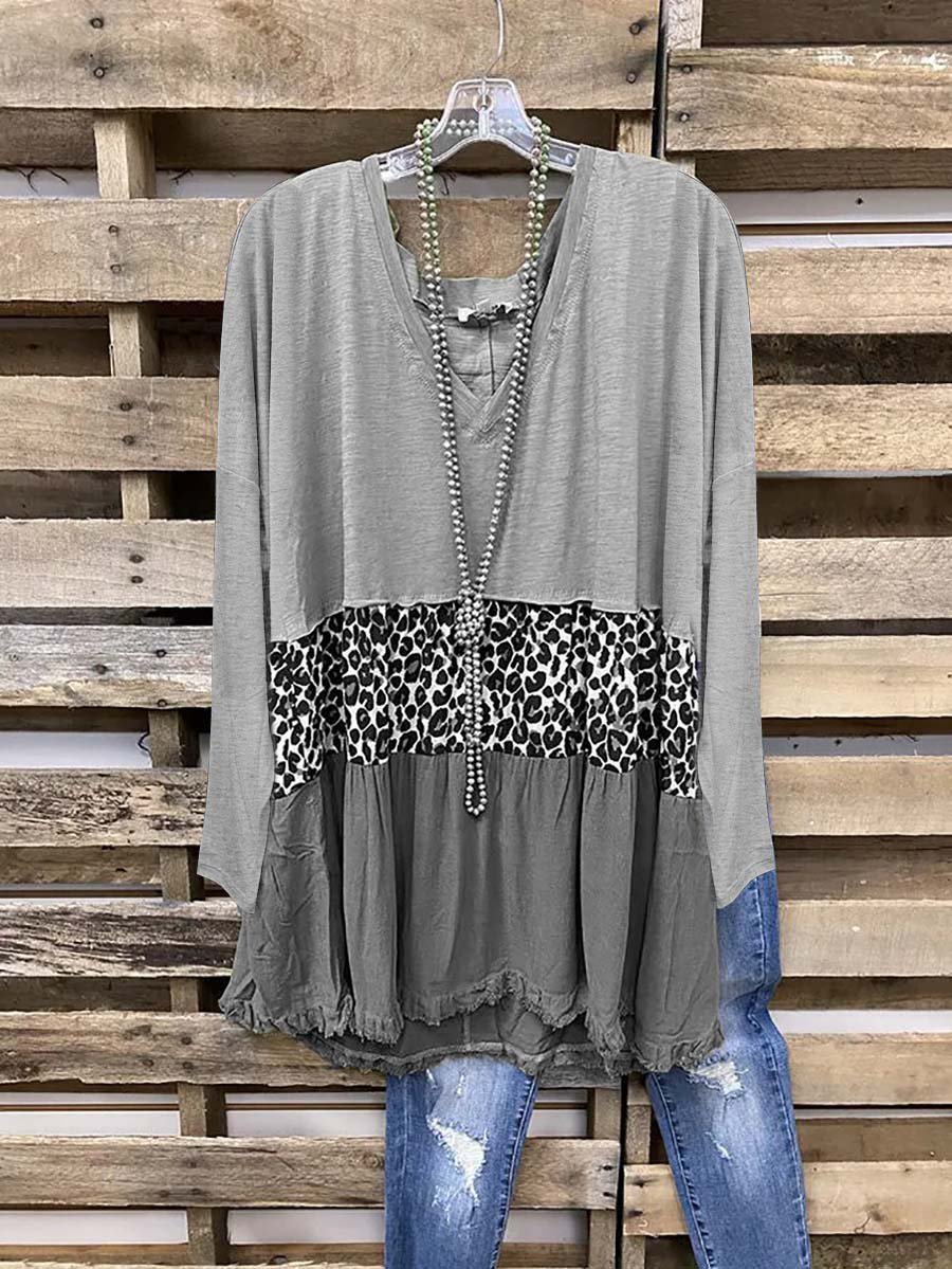 Leopard Long Sleeve V Neck Shirt & Top