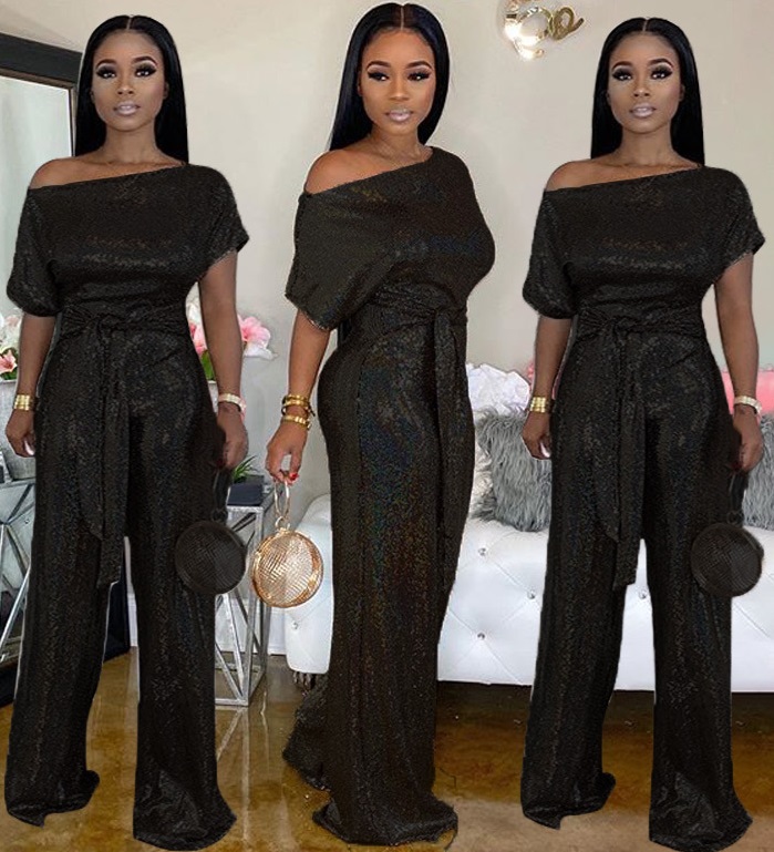 Summer Party Metallic Sexy O-Neck Loose Jumpsuit with Belt