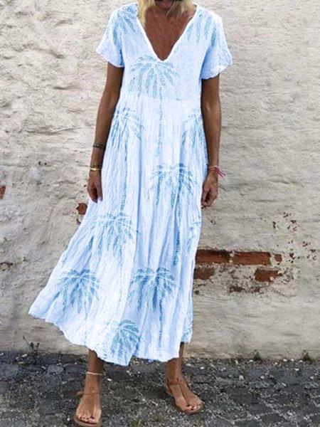 Plus Size Women Short Sleeve V Neck Vintage Plant Floral Casual Dresses