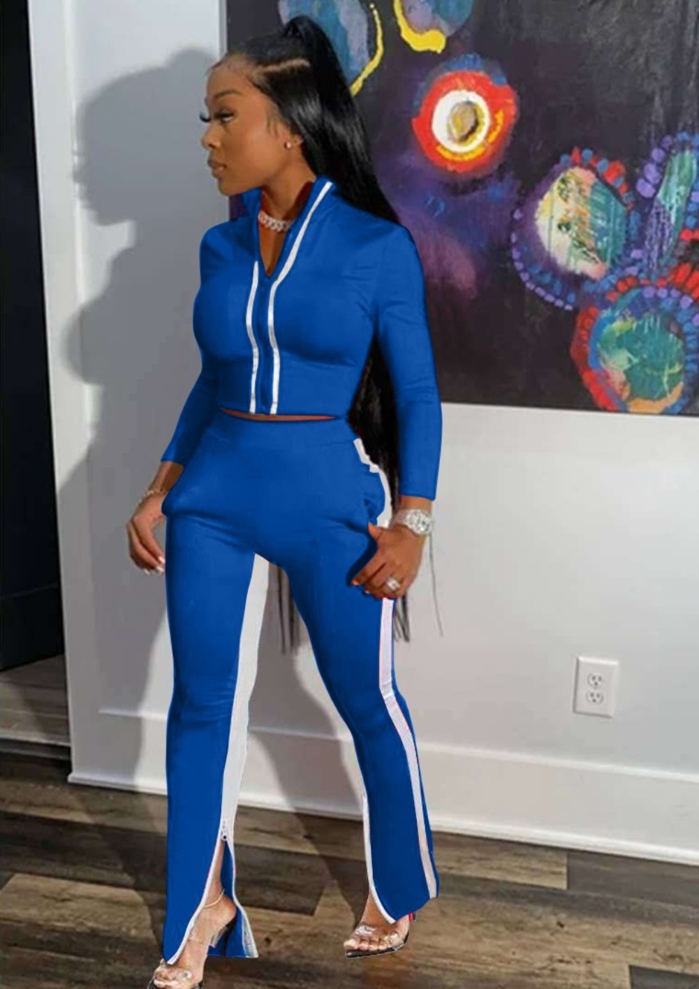 Autumn Matching Zipper Crop Top and Slit Zipper Pants Set