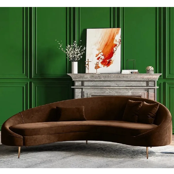 Modern 63  Brown Velvet Curved Sofa Gold Metal Legs with Toss Pillows