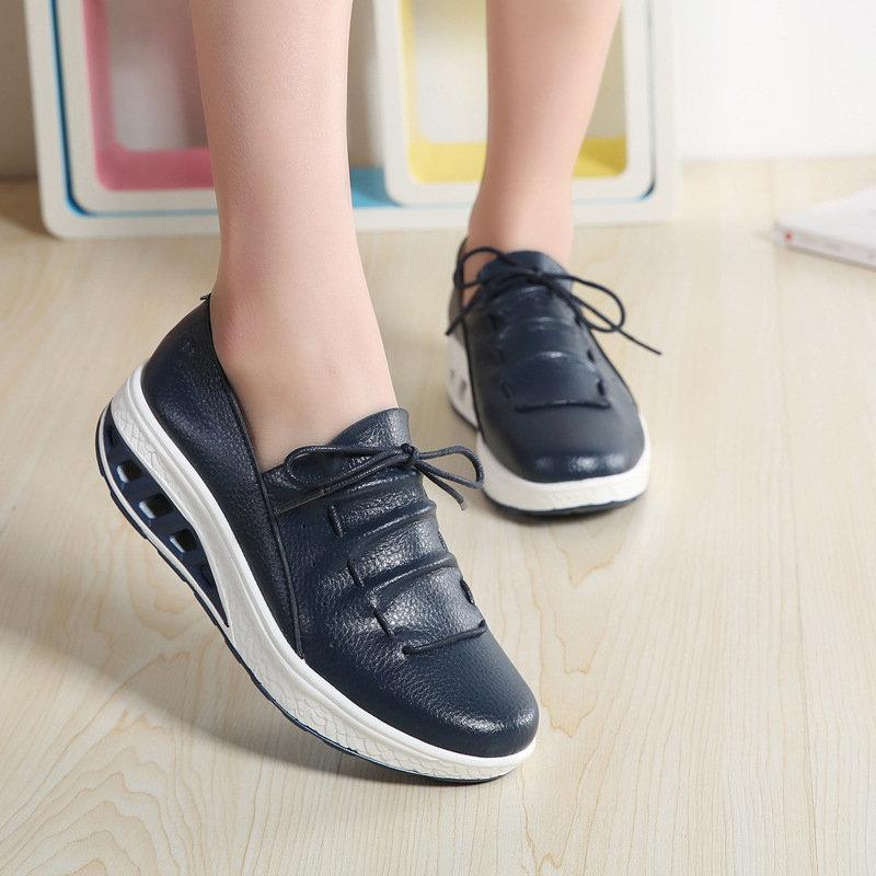 Large Size Rocker Sole Lace Up Cow Leather Shoes