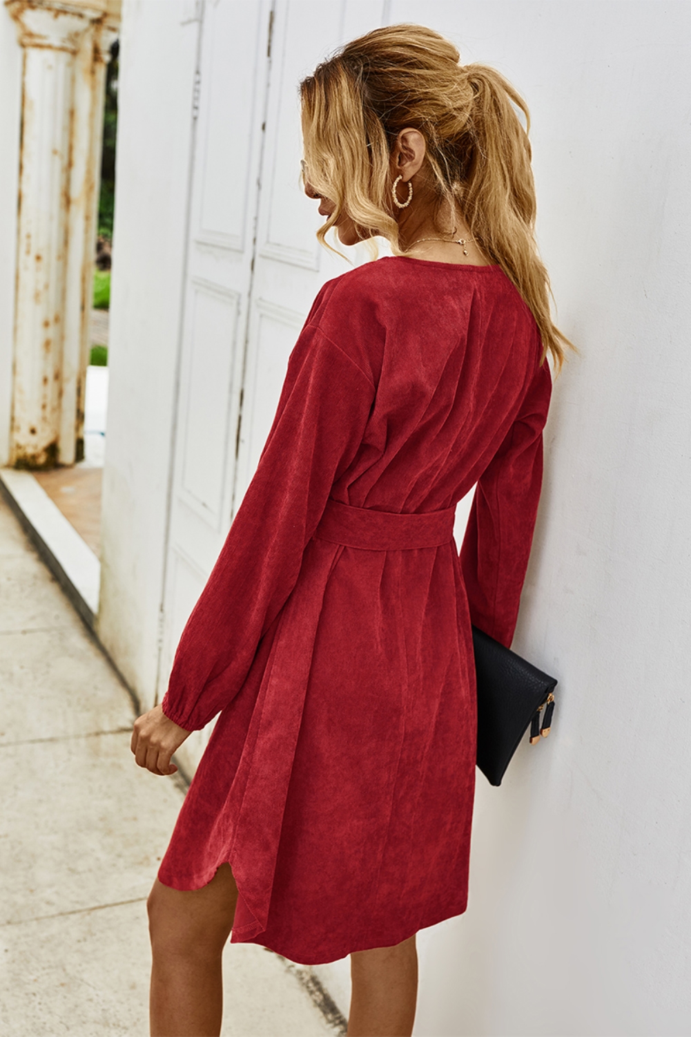 Autumn Plain Short Casual Dress with Belt