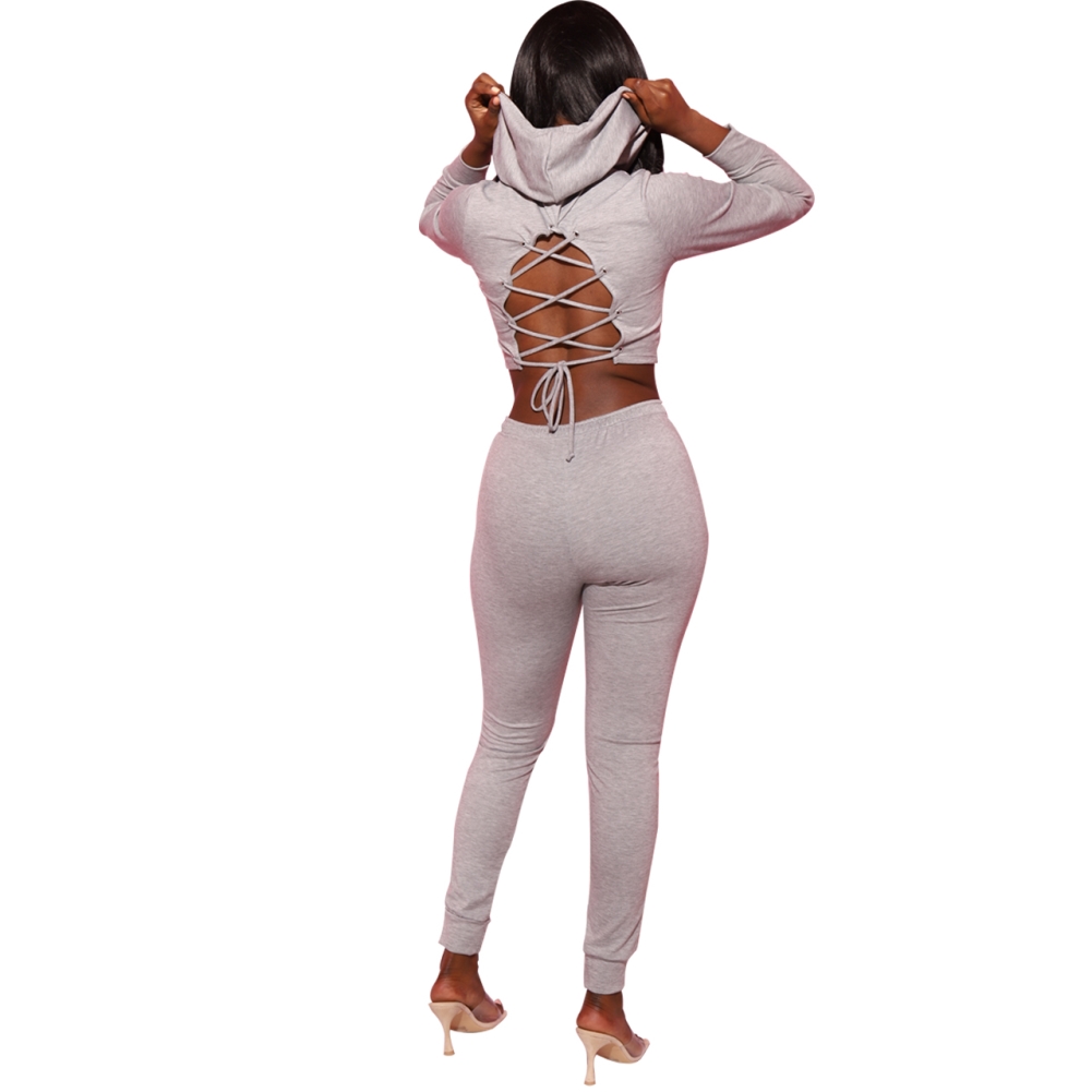 Autumn Sexy Lace Up Hoodie Crop Top and Pants Set