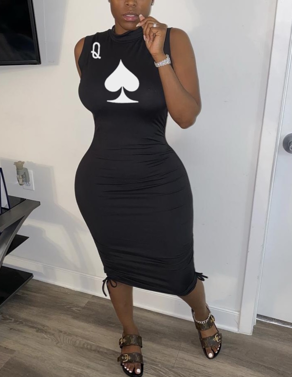 Print Black Sleeveless Midi Dress