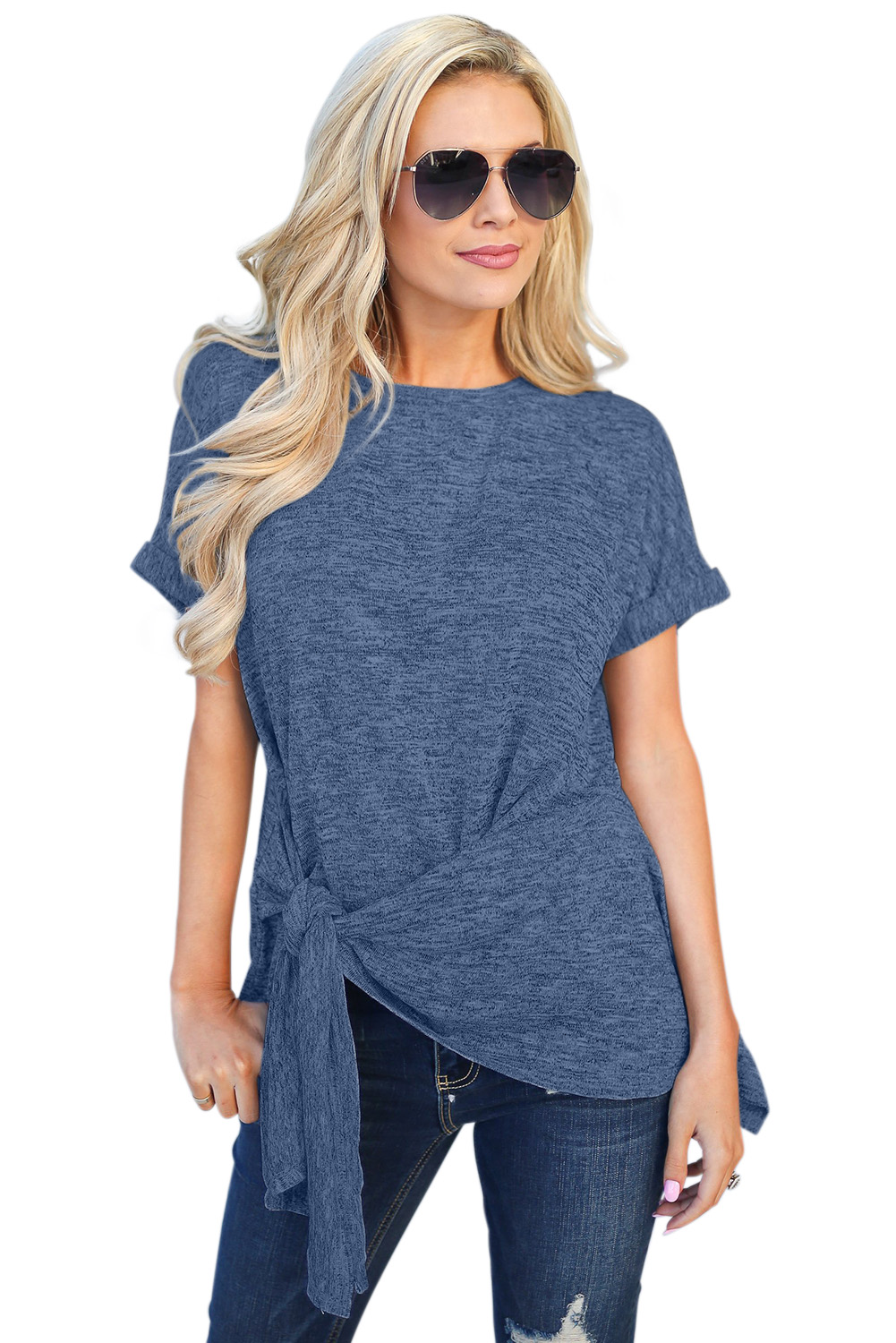 Blue Wrap Self Tie Waist Short Sleeve Top