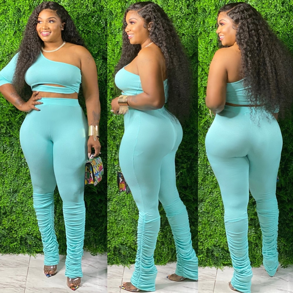 Plus Size Two Piece One Shoulder Stacked Pants Set
