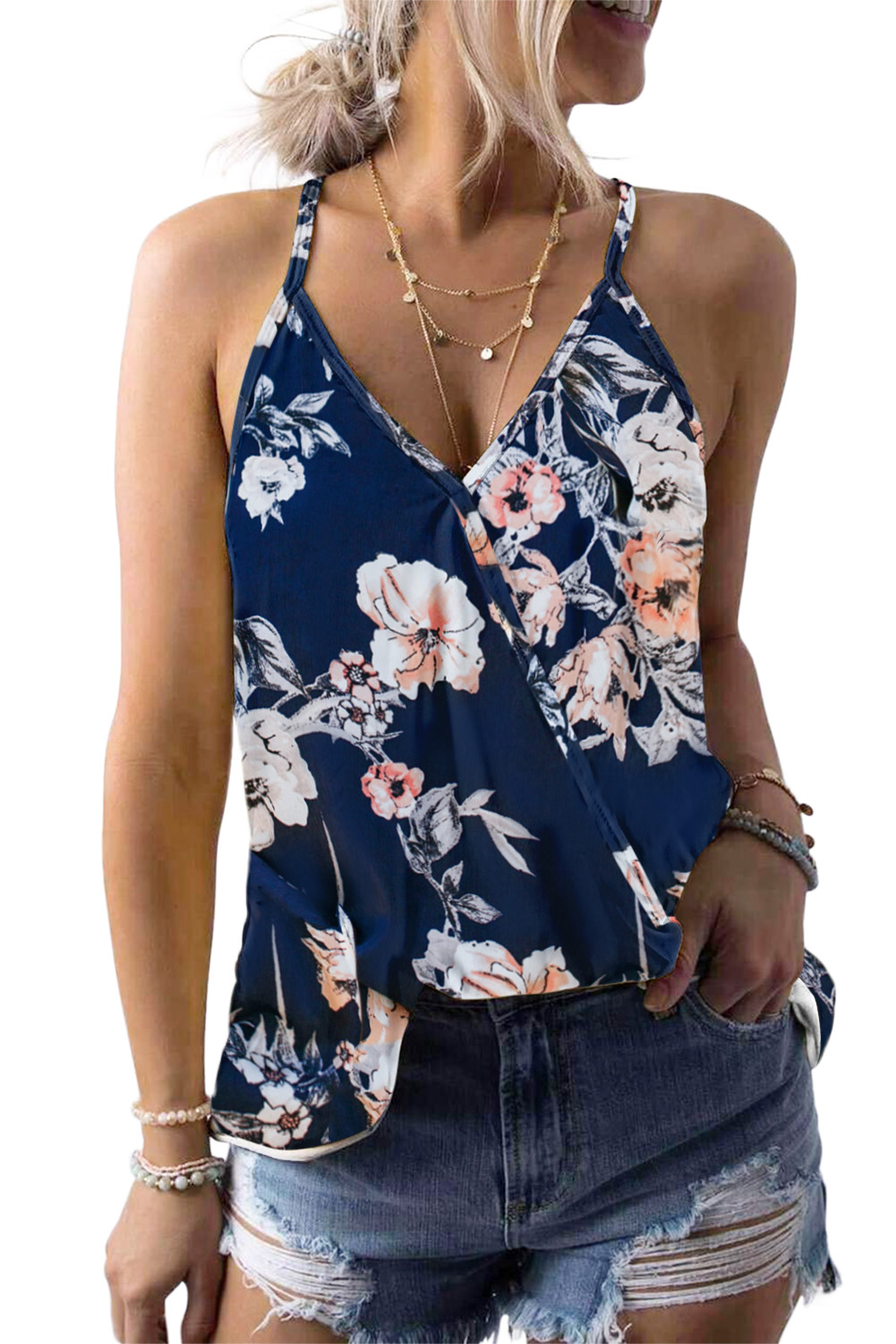 Blue Tropical Plant Print Tank Top