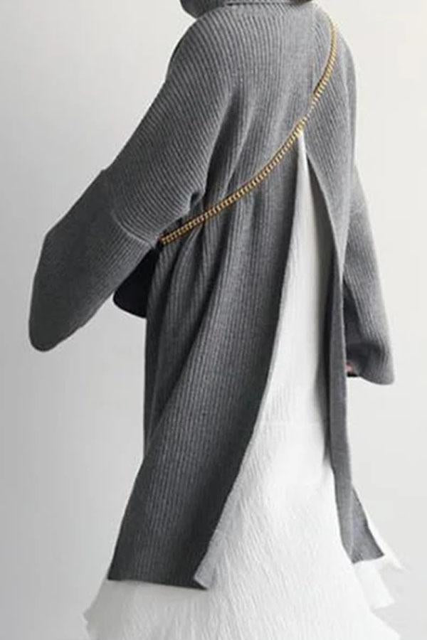 Casual Simple Pure   Color Loose High Collar Knitted Sweater Maxi Dress