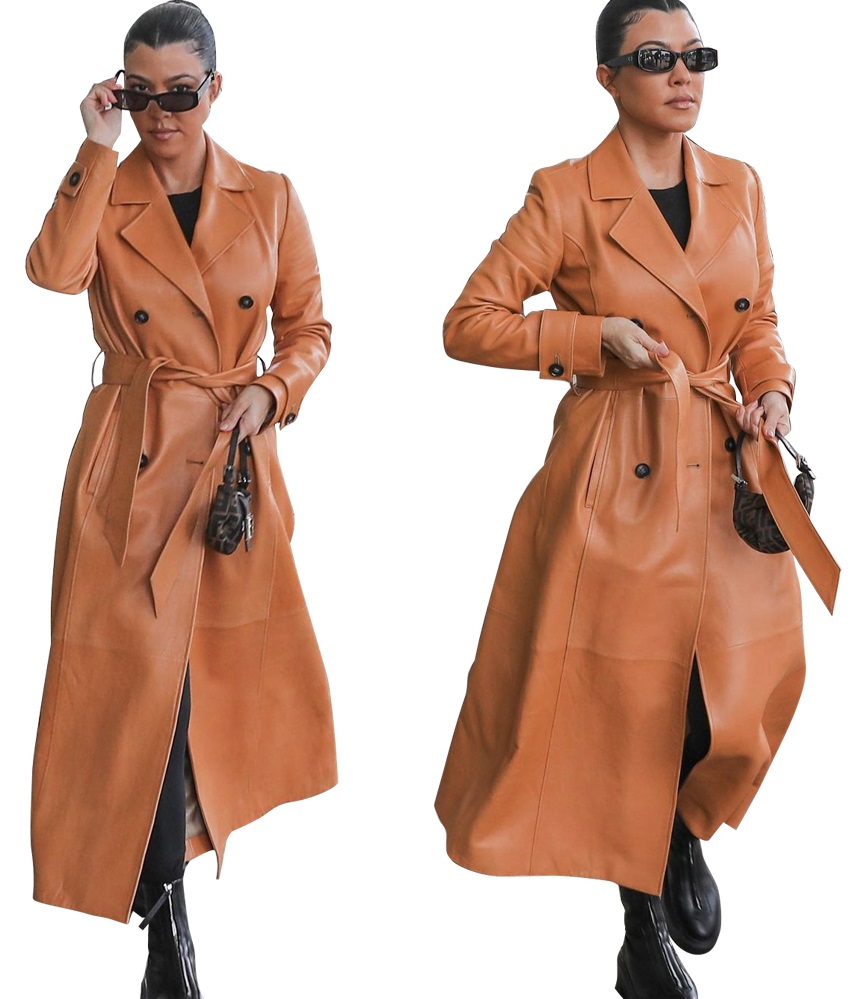 Winter Khaki Leather Long Coat with Matching Belt