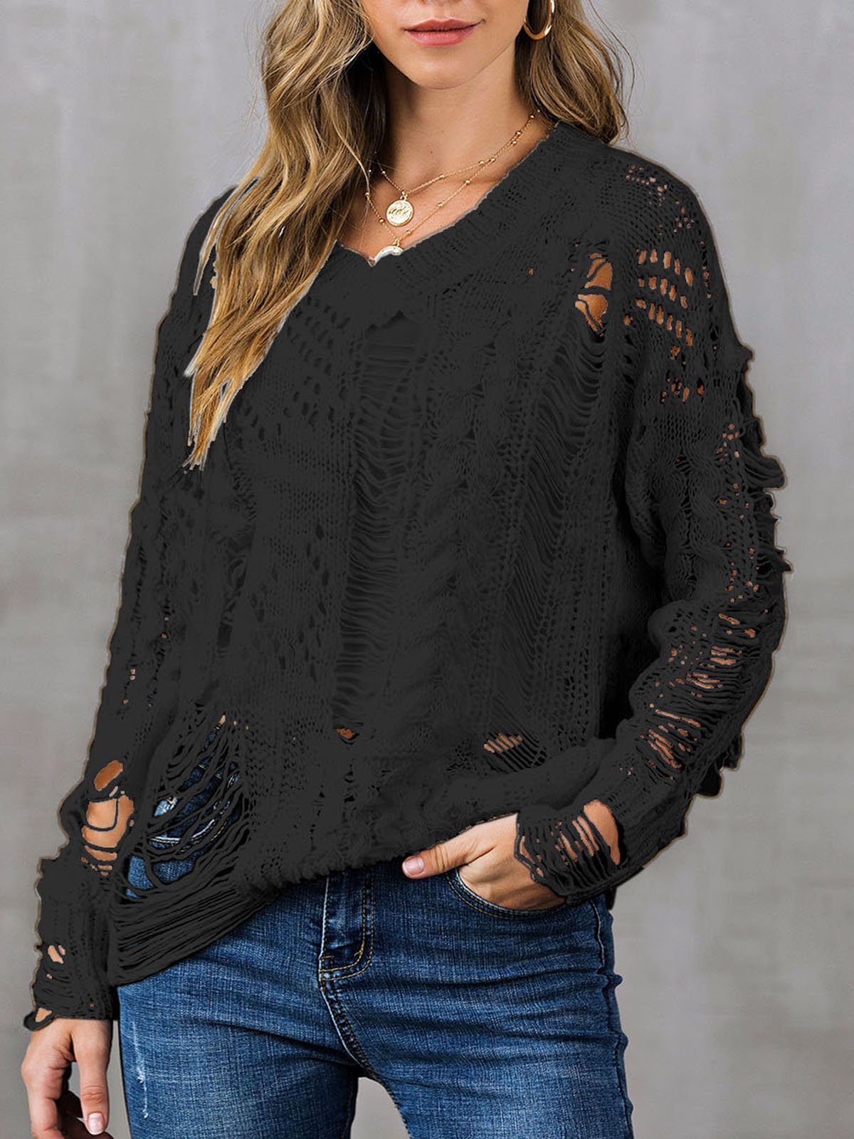 V Neck Casual Long Sleeve Ripped Sweaters