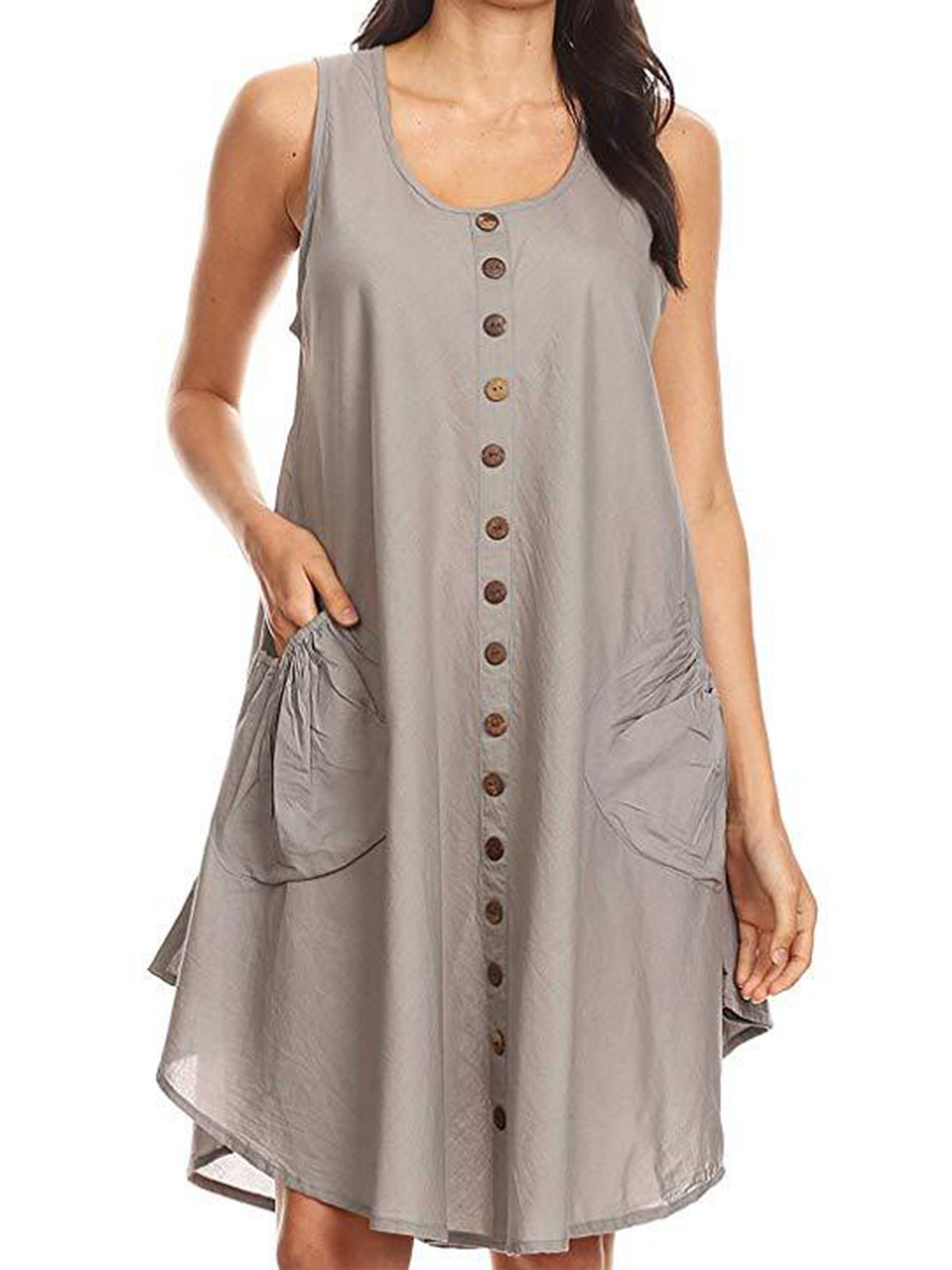 Women Dress Pockets Buttons Round Neck Asymmetrical Dresses