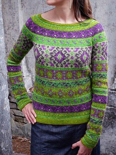Long Sleeve Tribal Printed Crew Neck Women's Sweaters