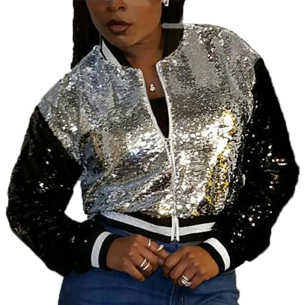 Color Block Sequins Zipper Jacket
