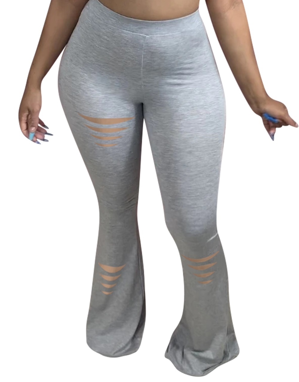 Plain Sexy High Waist Bell Bottom Ripped Trousers
