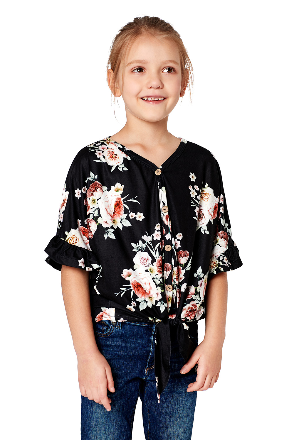 Black Floral Print Button Up Toddler Tunic