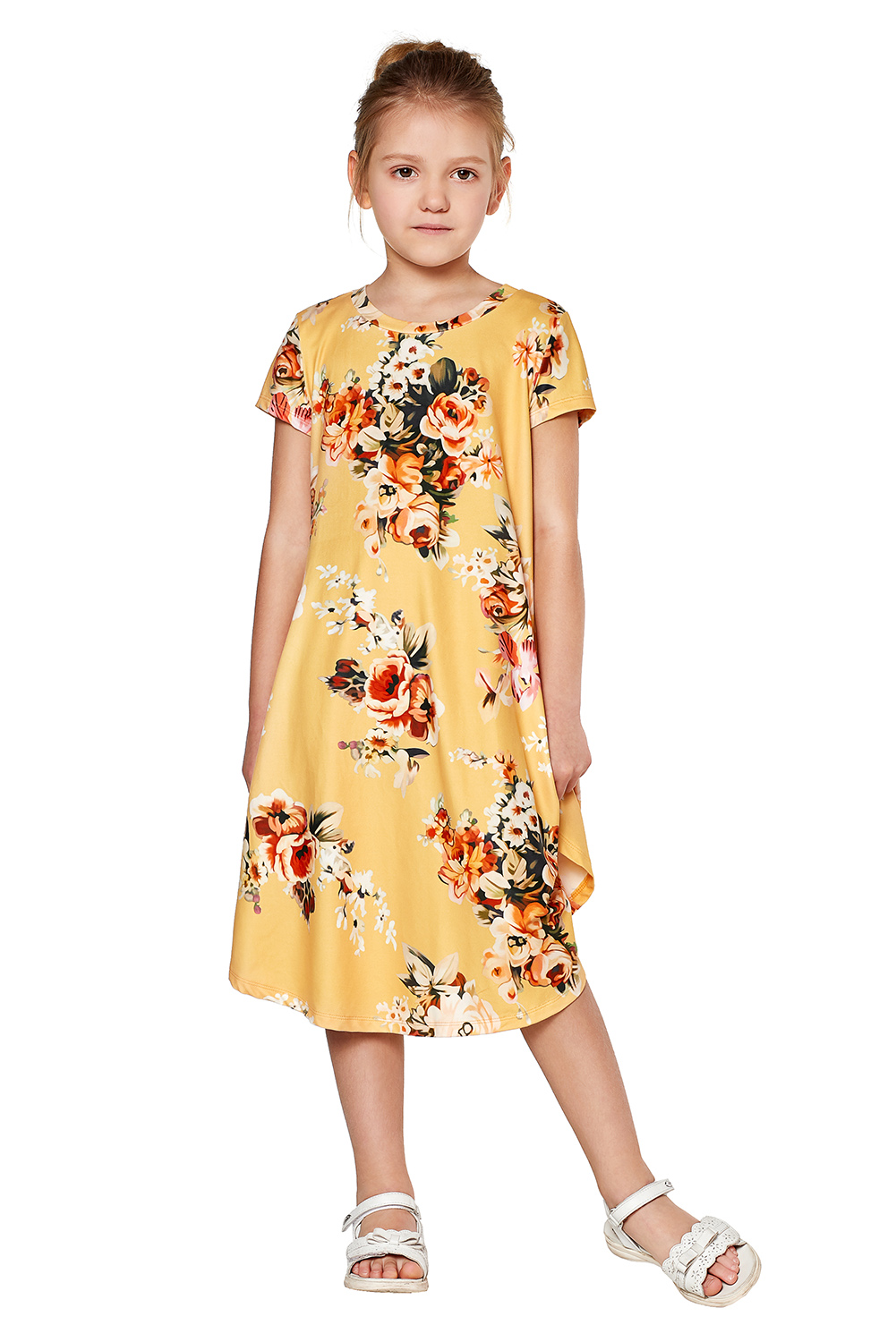 Yellow Short Sleeve Floral Print Toddler Dress