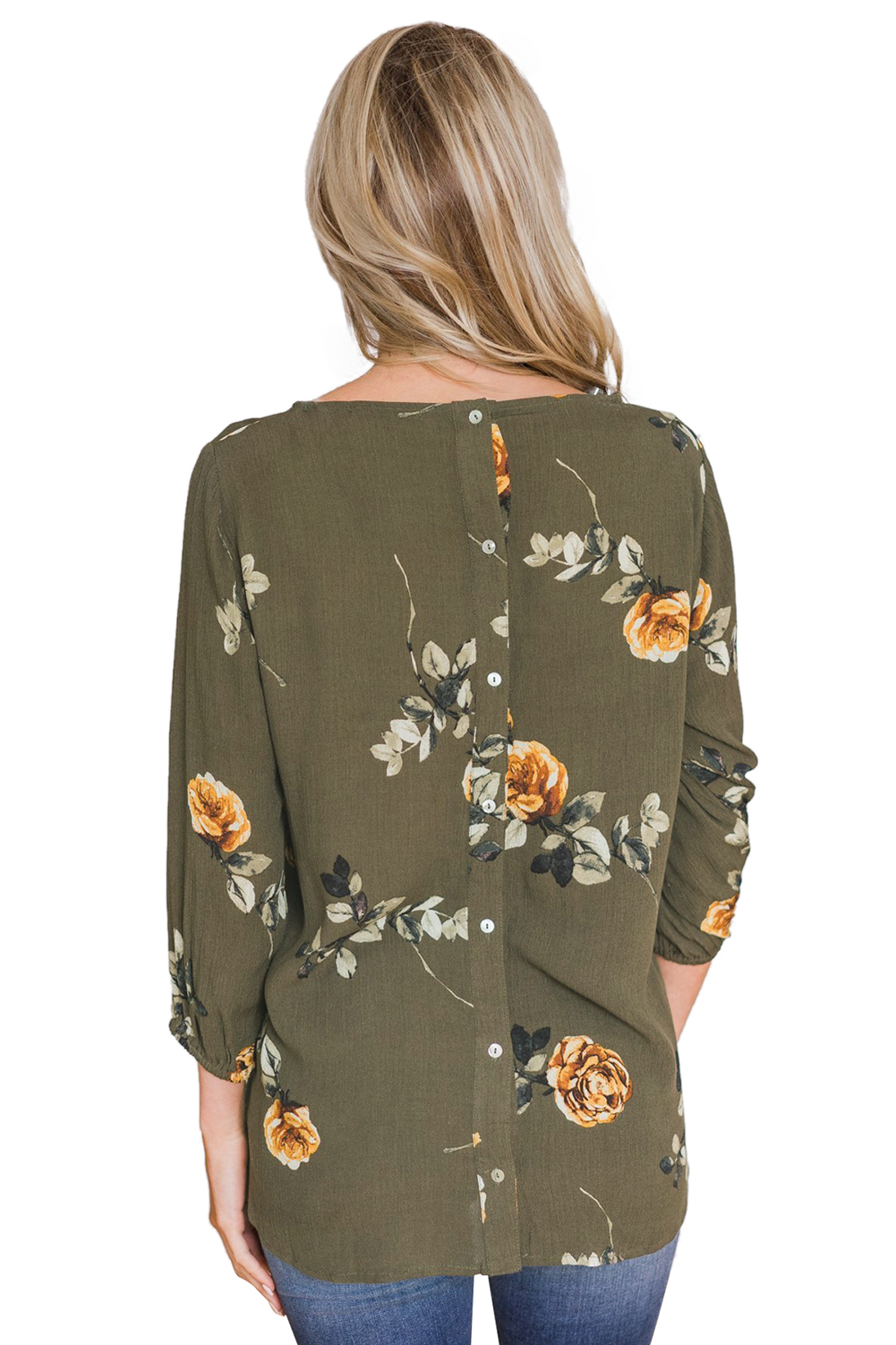 Green Button up Back Floral Blouse