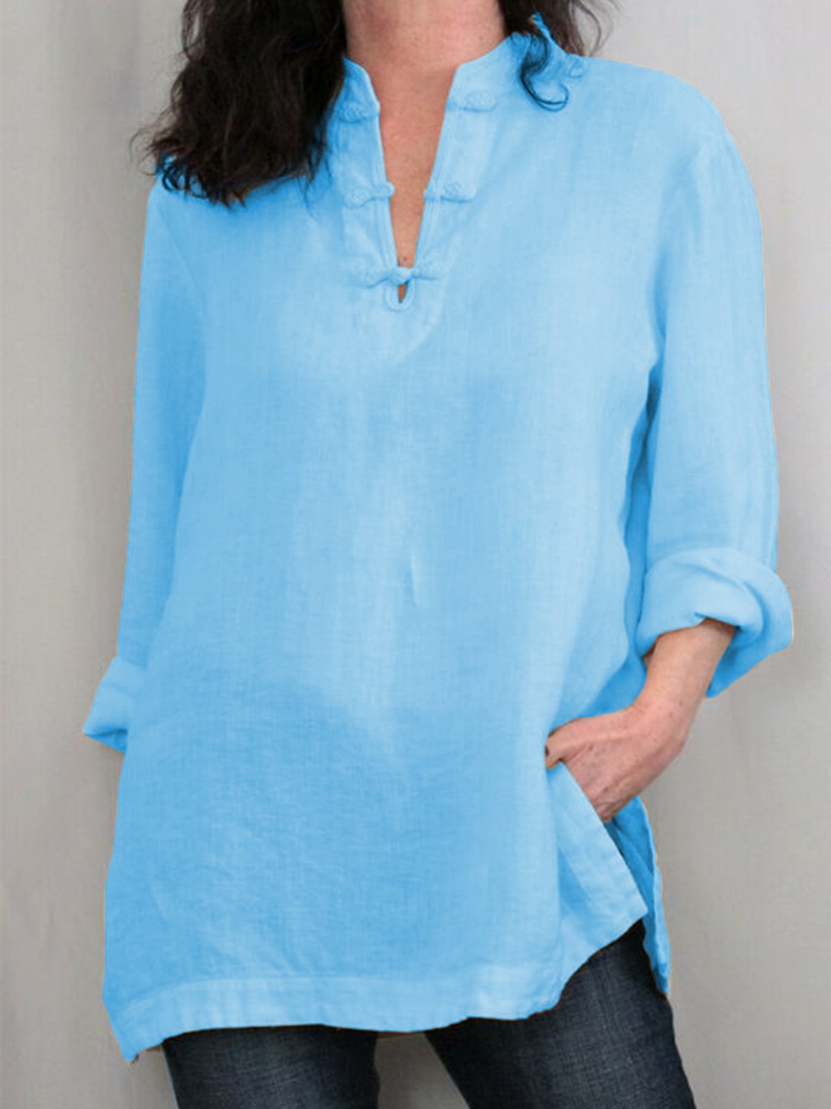 Women Tops V-Neck Long Sleeves Slit Side Casual Blouses