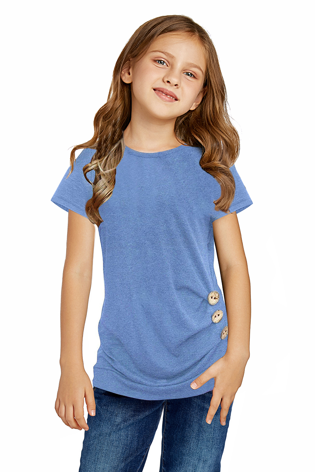 Sky Blue Side Button Detail Short Sleeve T Shirt for Little Girls