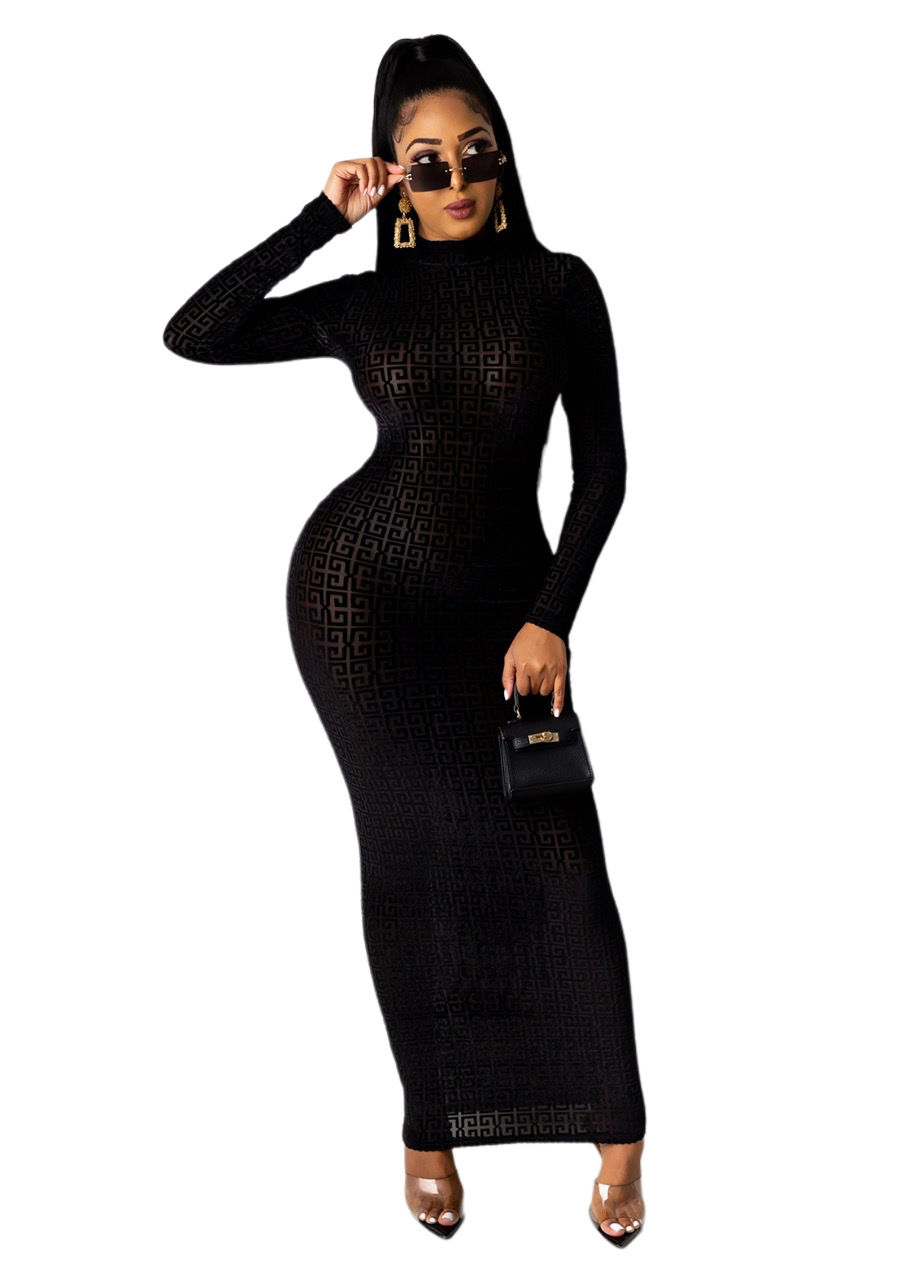 Autumn Party Print Black Sexy Long Sheath Dress