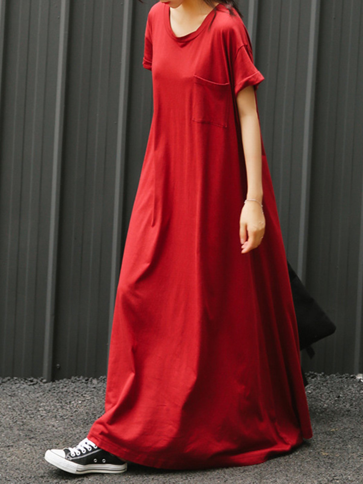 Plus Size Crew Neck Women Red Dress Shift Daytime Pockets Casual Maxi Dress