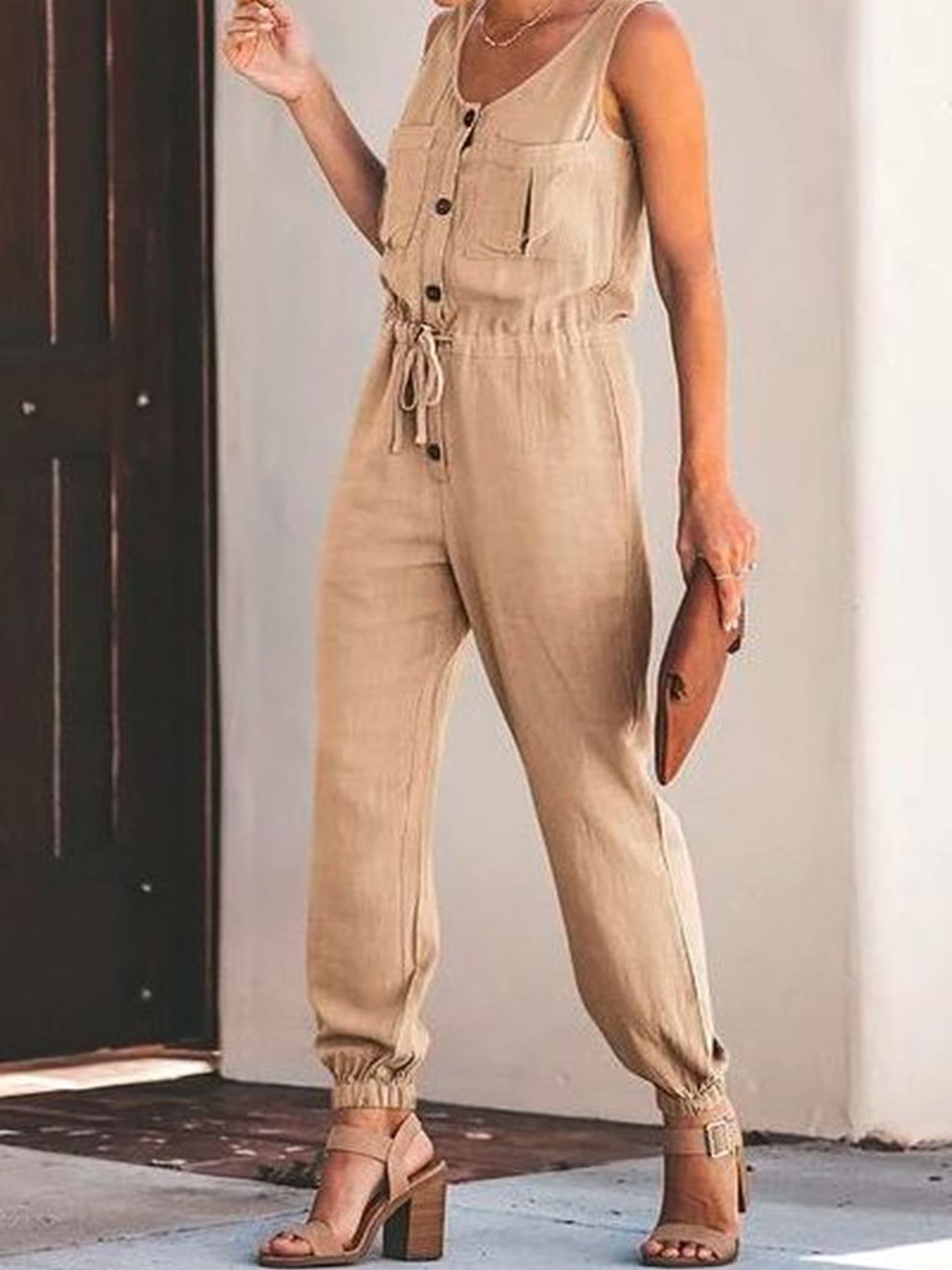 Apricot Cotton Casual V Neck Plain One-Pieces