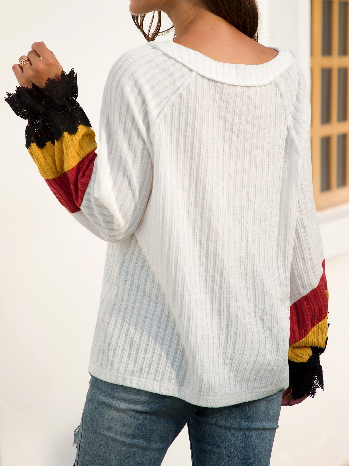 Casual V Neck Long Sleeve Beaded Shift Sweaters