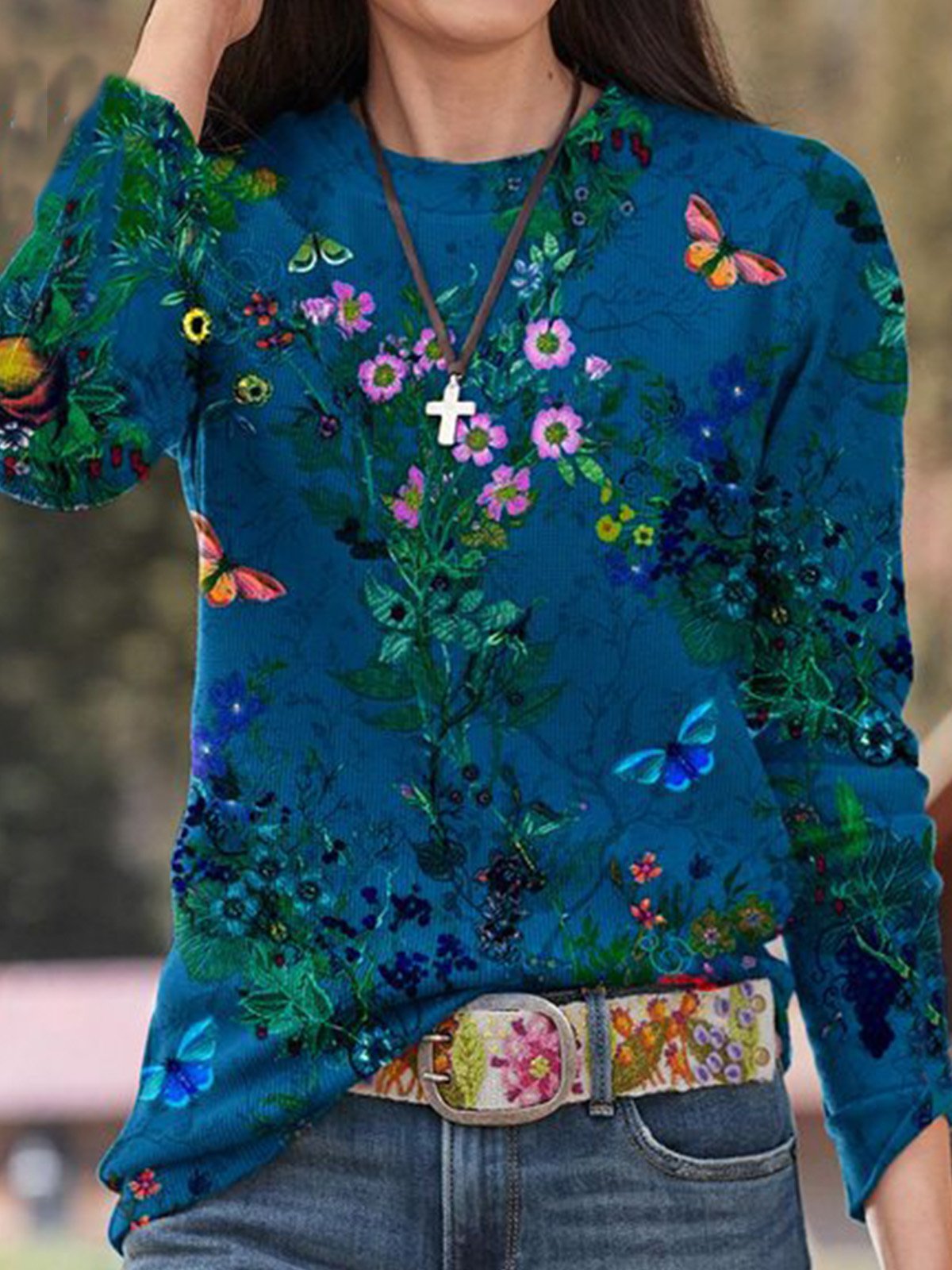 Cotton-Blend Long Sleeve Vintage Floral-Print Shirts & Tops