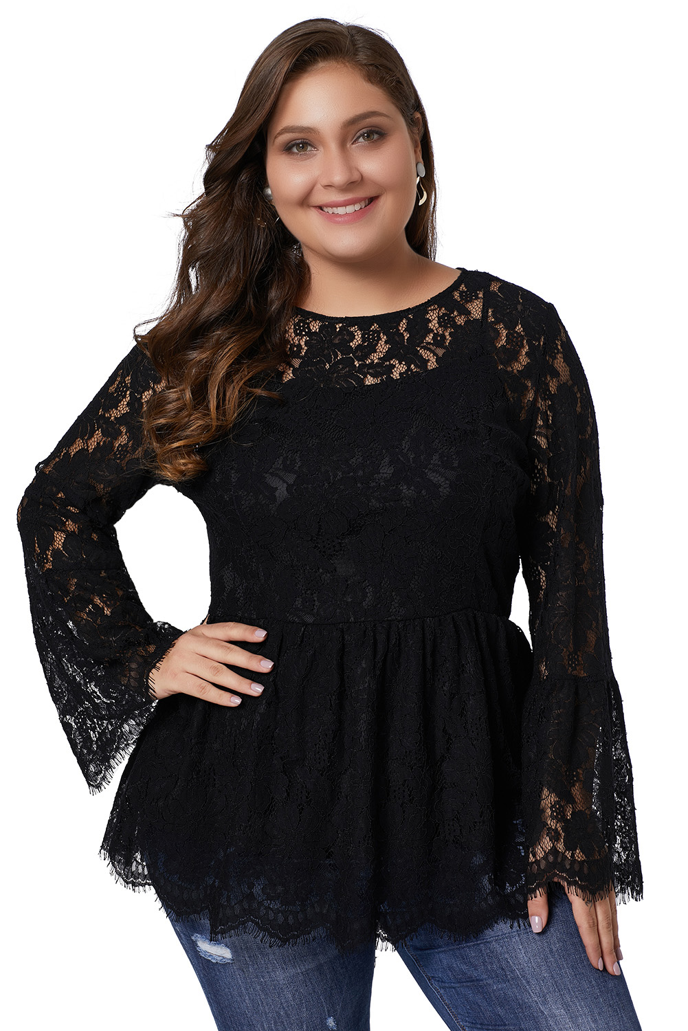 Black Floral Lace Babydoll Plus Size Top
