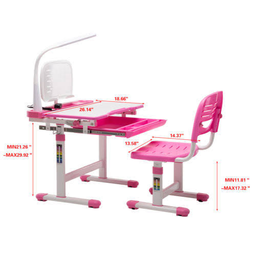 Pink Adjustable Children&s Study Desk Chair Set Child Kids Table with LED Lamp