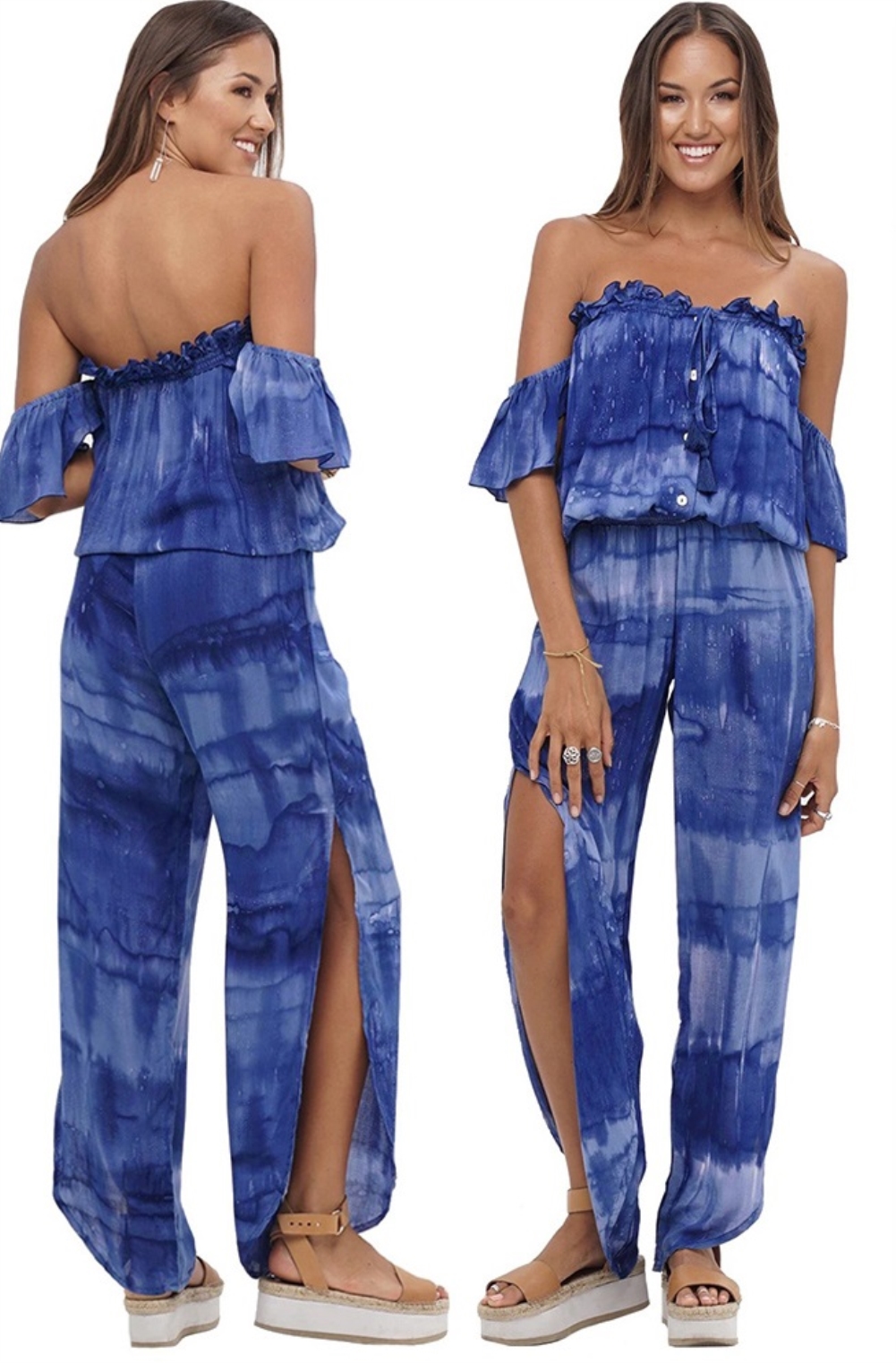 Sexy Tie Dye Strapless Slit Jumpsuit