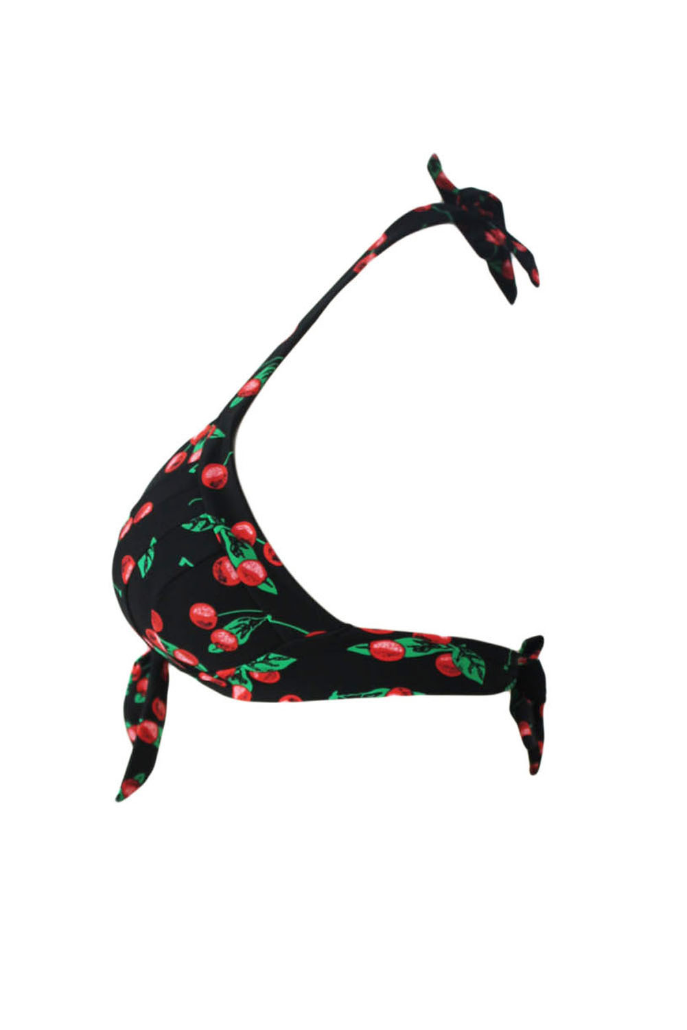 Cherry Print Black Retro Tie Front Bikini Top