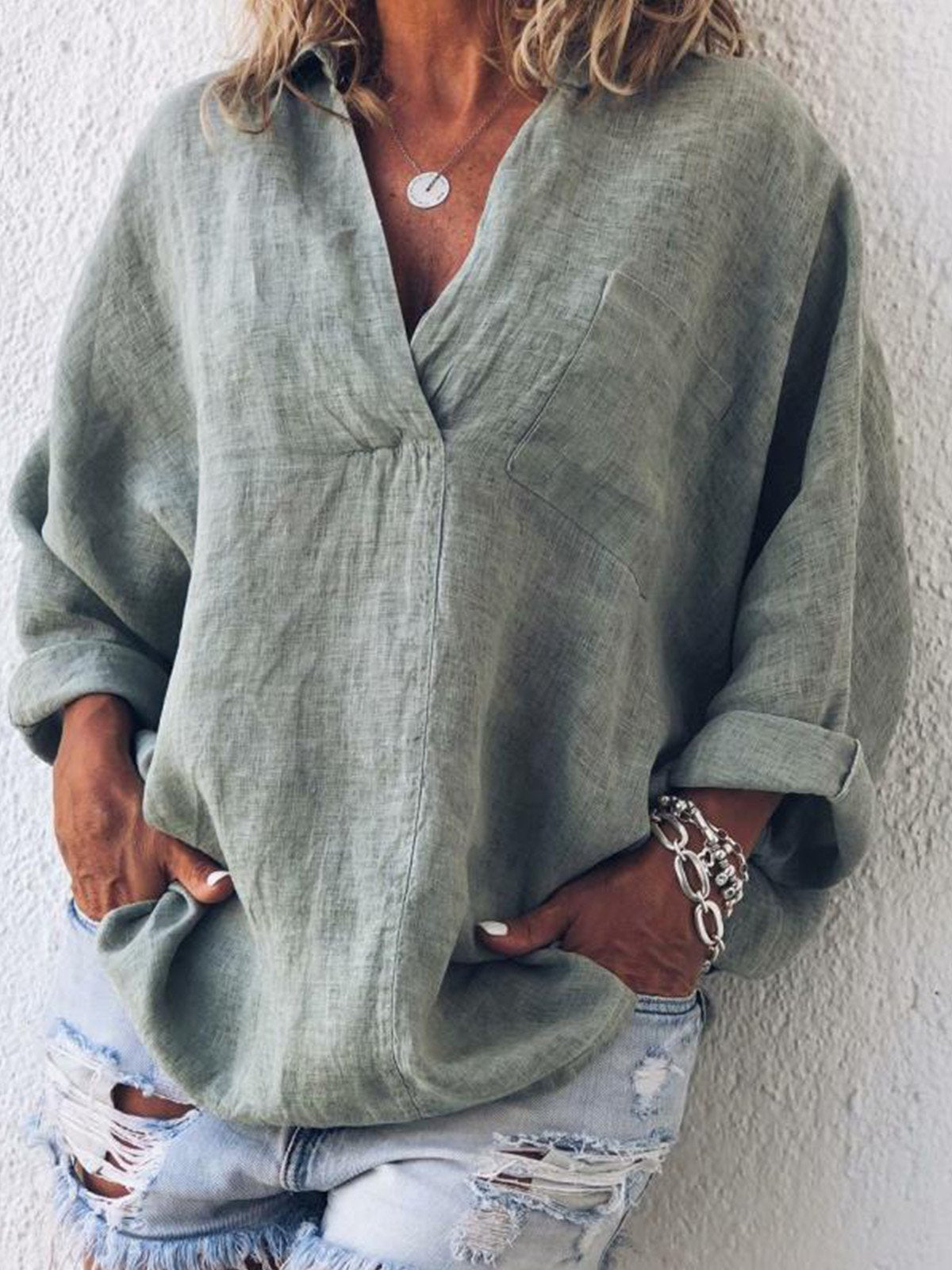 Women V Neck Thin Summer Linen Plus Size Casual Long Sleeve Solid Tops