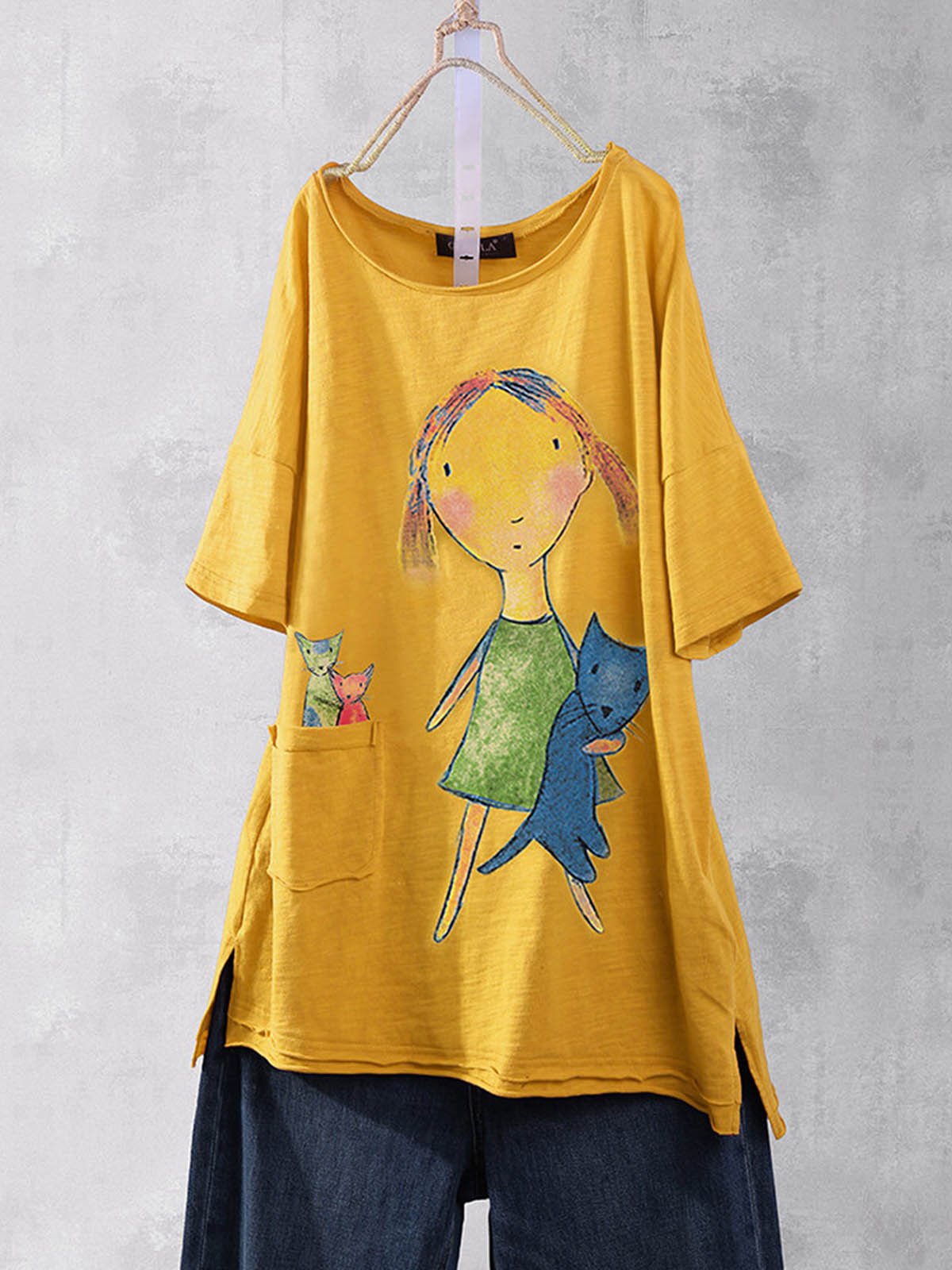 Animal Round Neck Casual Cotton-Blend Shirts & Tops