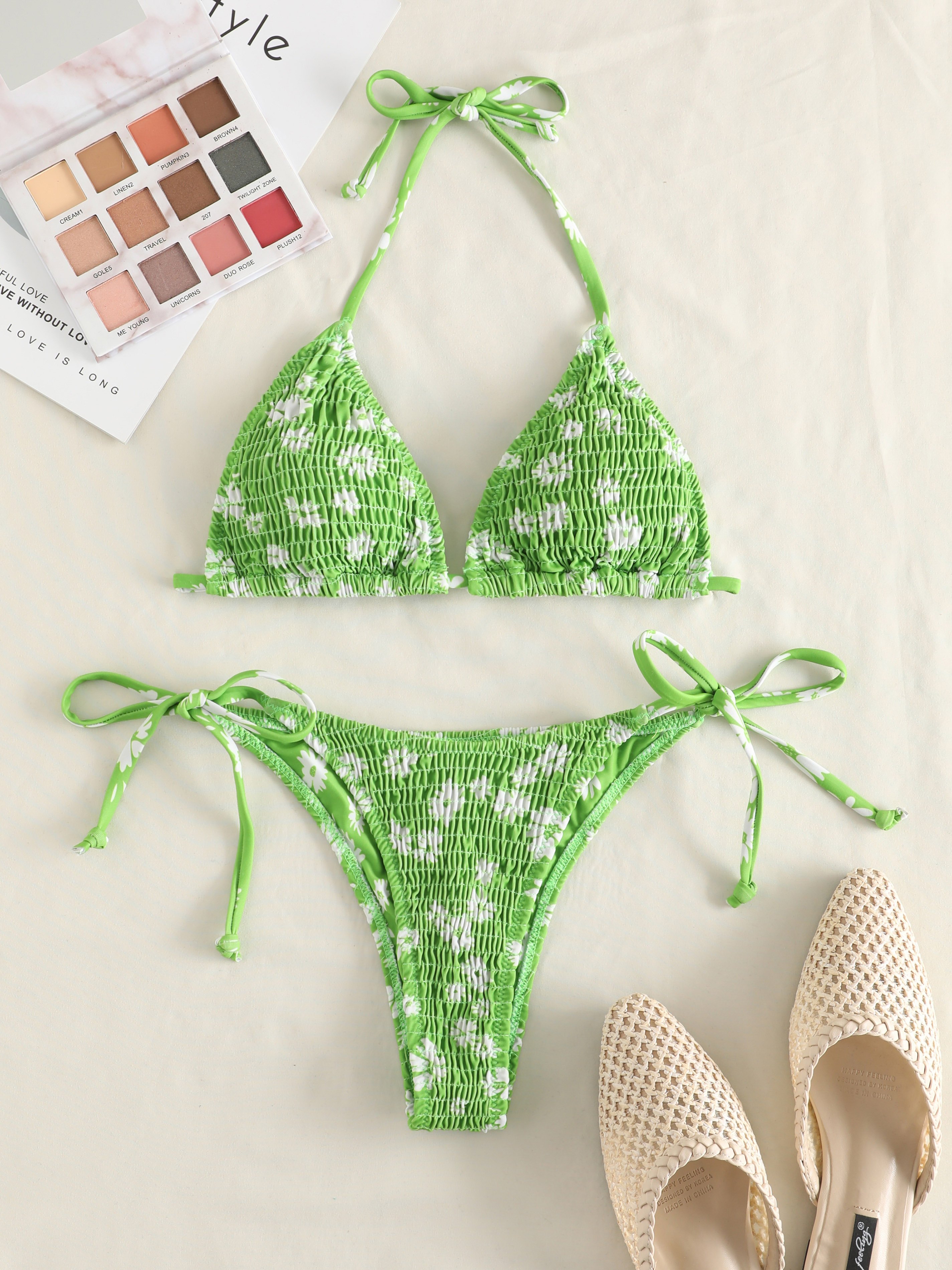 Daisy Print Smocked Halter Bikini