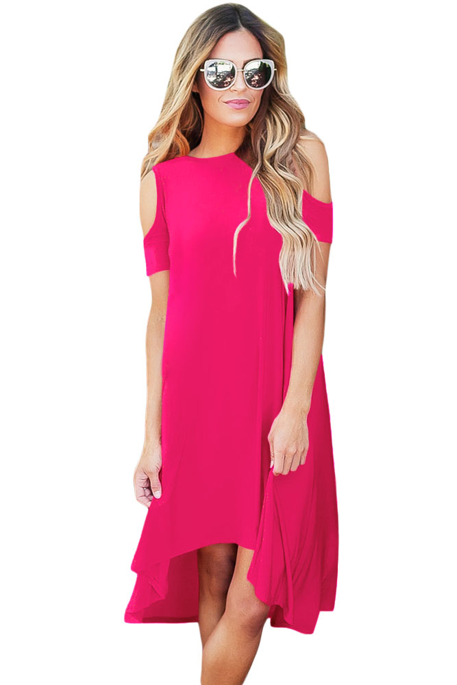 Rosy Cold Shoulder Short Sleeve High Low Dress