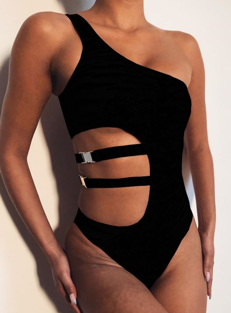 Black One Shoulder Cut Out Sexy Swimwear