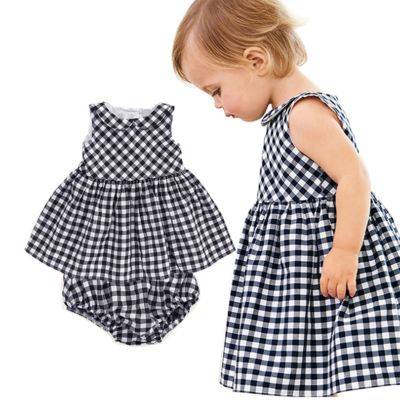 Bear Leader Baby Girls Dress 2016 New Casual Plaid Sleeveless Turn-down Collar Princess Dress + Plaid shorts 2pcs Clothing Sets