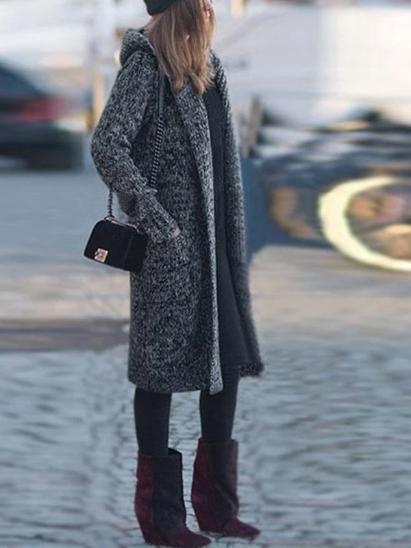 Long Solid Color Loose Hooded Knit Cardigan