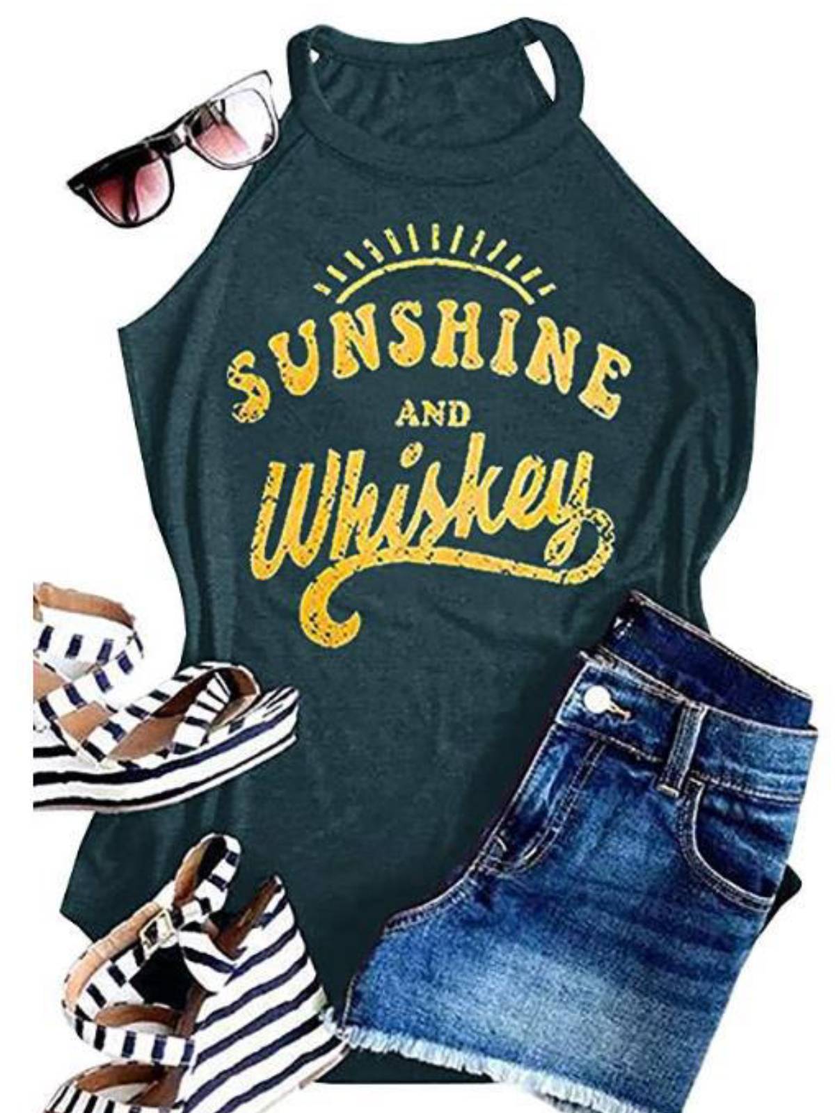 Green Sleeveless Letter Casual Crew Neck Vests