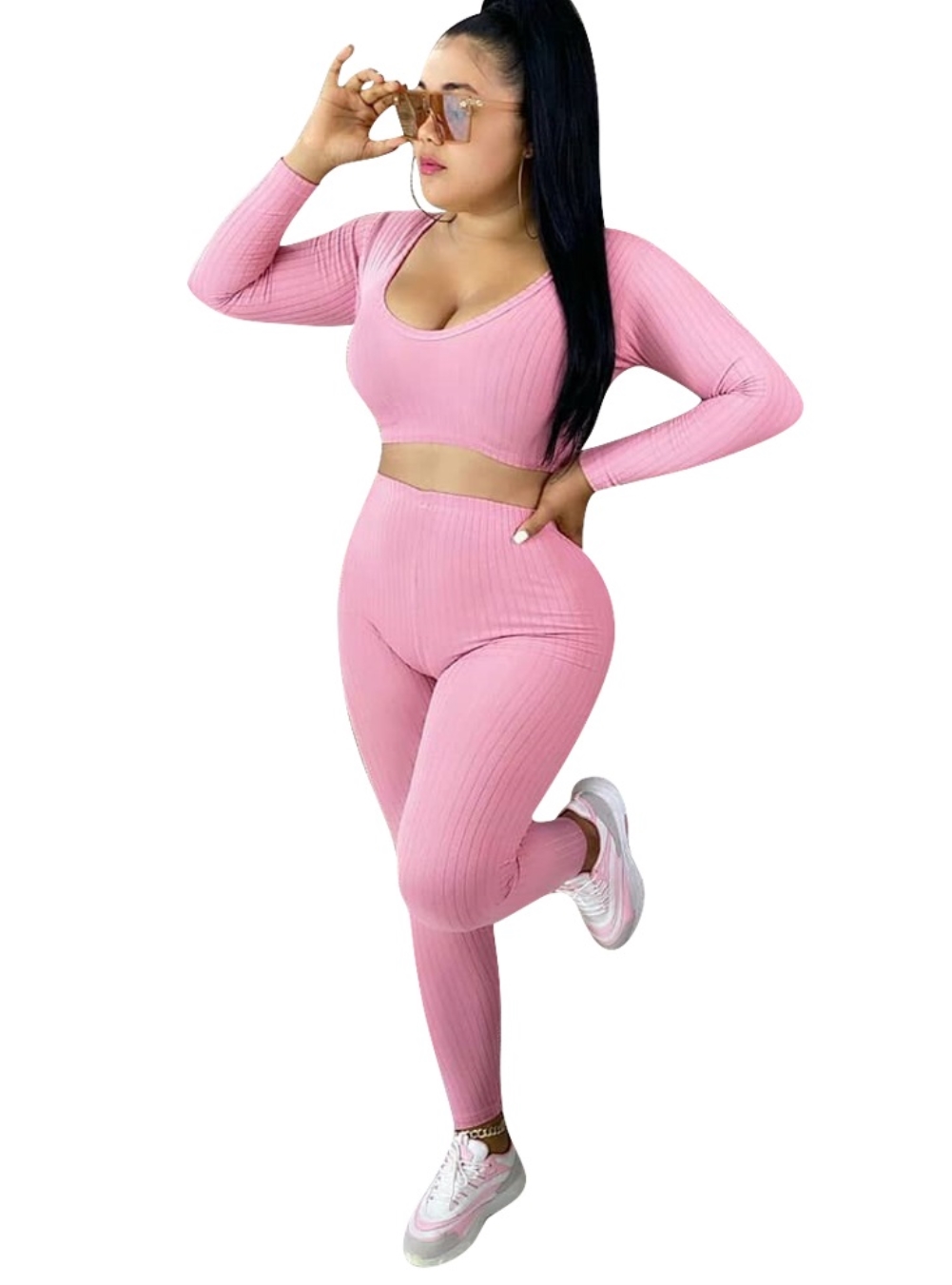 Sexy Knitted Long Sleeve Solid Crop Top and High Waist Legging Set