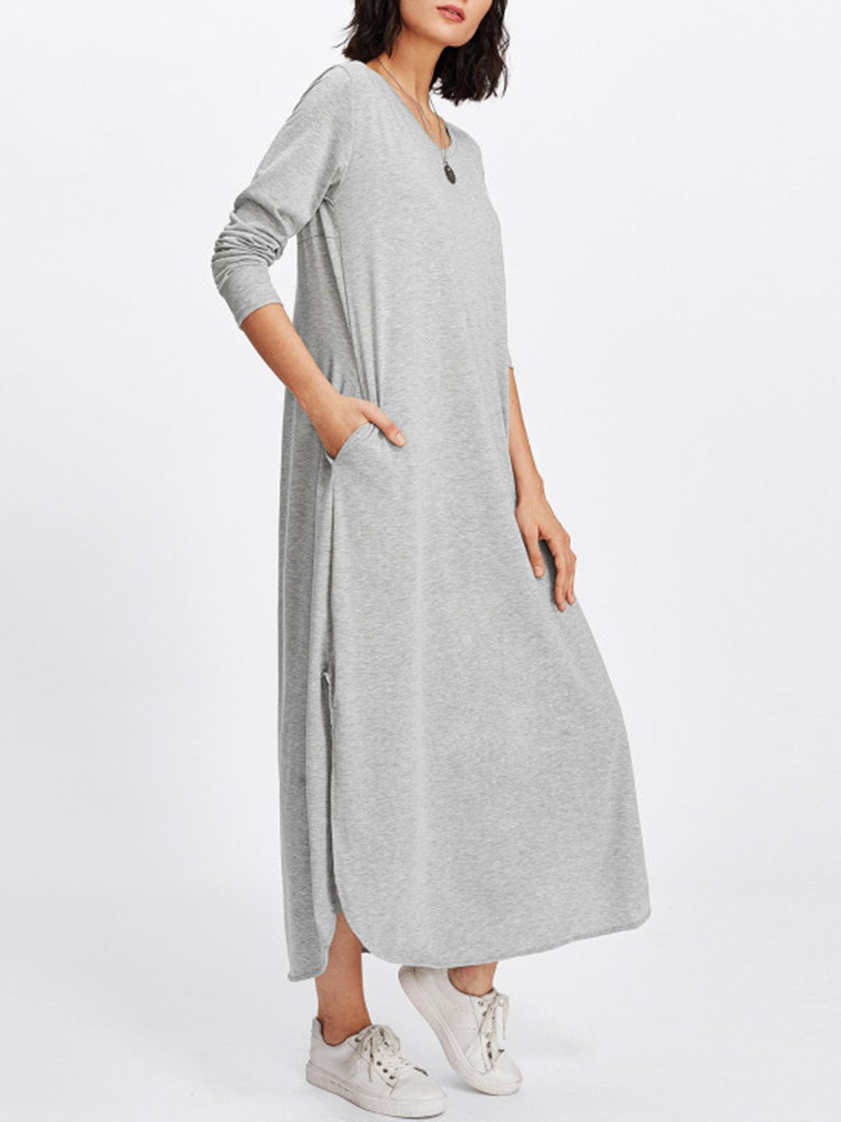 Gray Casual Solid Crew Neck Slit Maxi Dress