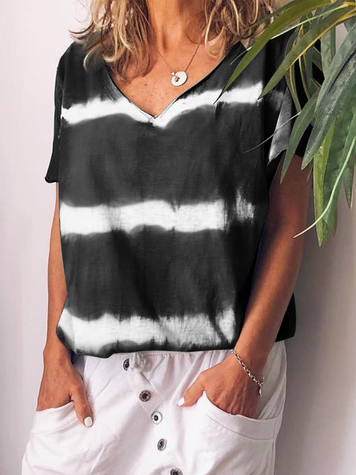 Women  V-neck Short Sleeve  Striped  Floral  Casual  Blouses