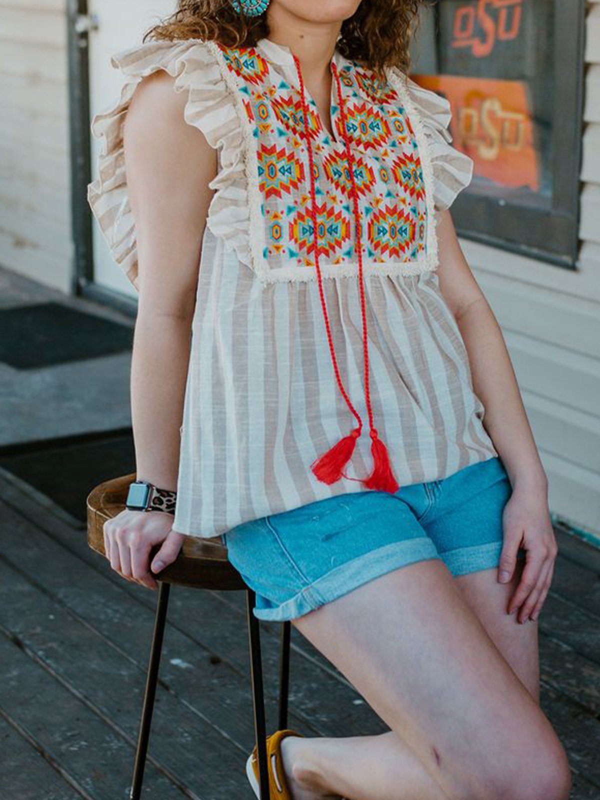 Sweet Sleeveless Boho Crew Neck Shirts & Tops