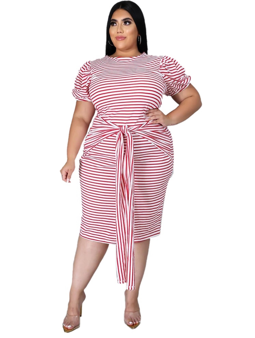 Plus Size Summer Striped Midi Dress with Belt