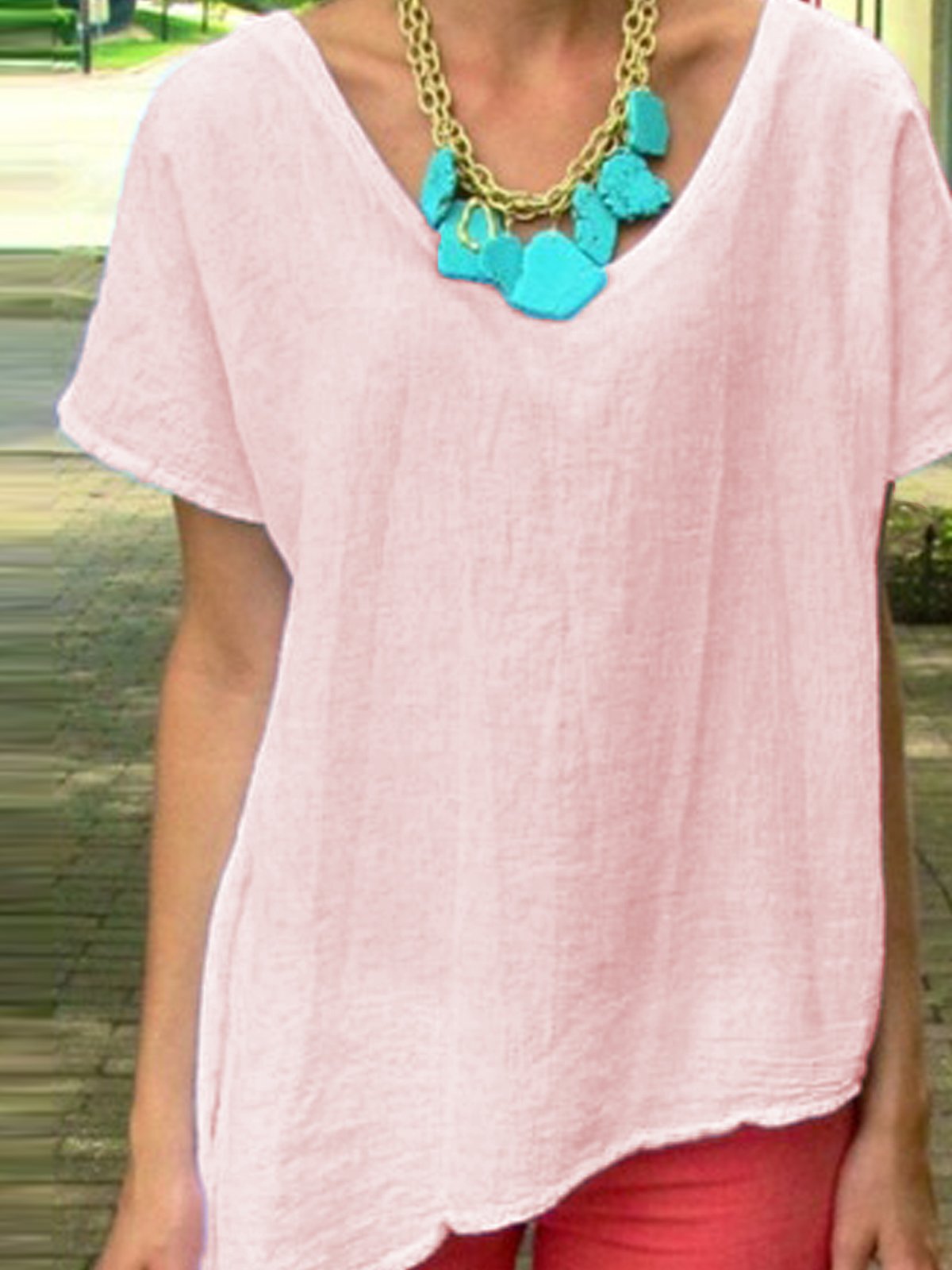 Plain V Neck Casual Short Sleeve Shirts & Tops